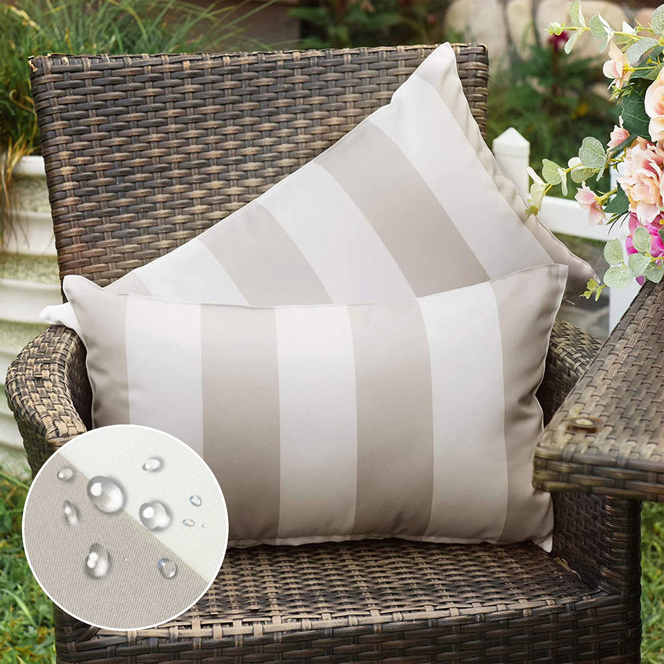 Western Home outdoor pillow cover with waterproof stripes in beige and grey for patio use.