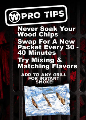 Western Post Oak BBQ Wood Chips 4 Pack rib-sizzle scene delivers even flavor with gentle heat.