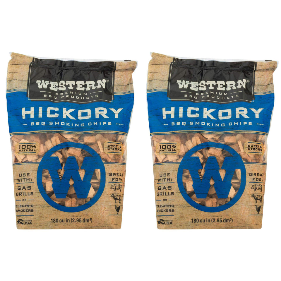 Western Premium Hickory chips in bag provide rich smoke for grilled dishes.