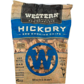 Western Premium Hickory chips on grill releasing savory aroma during cooking.