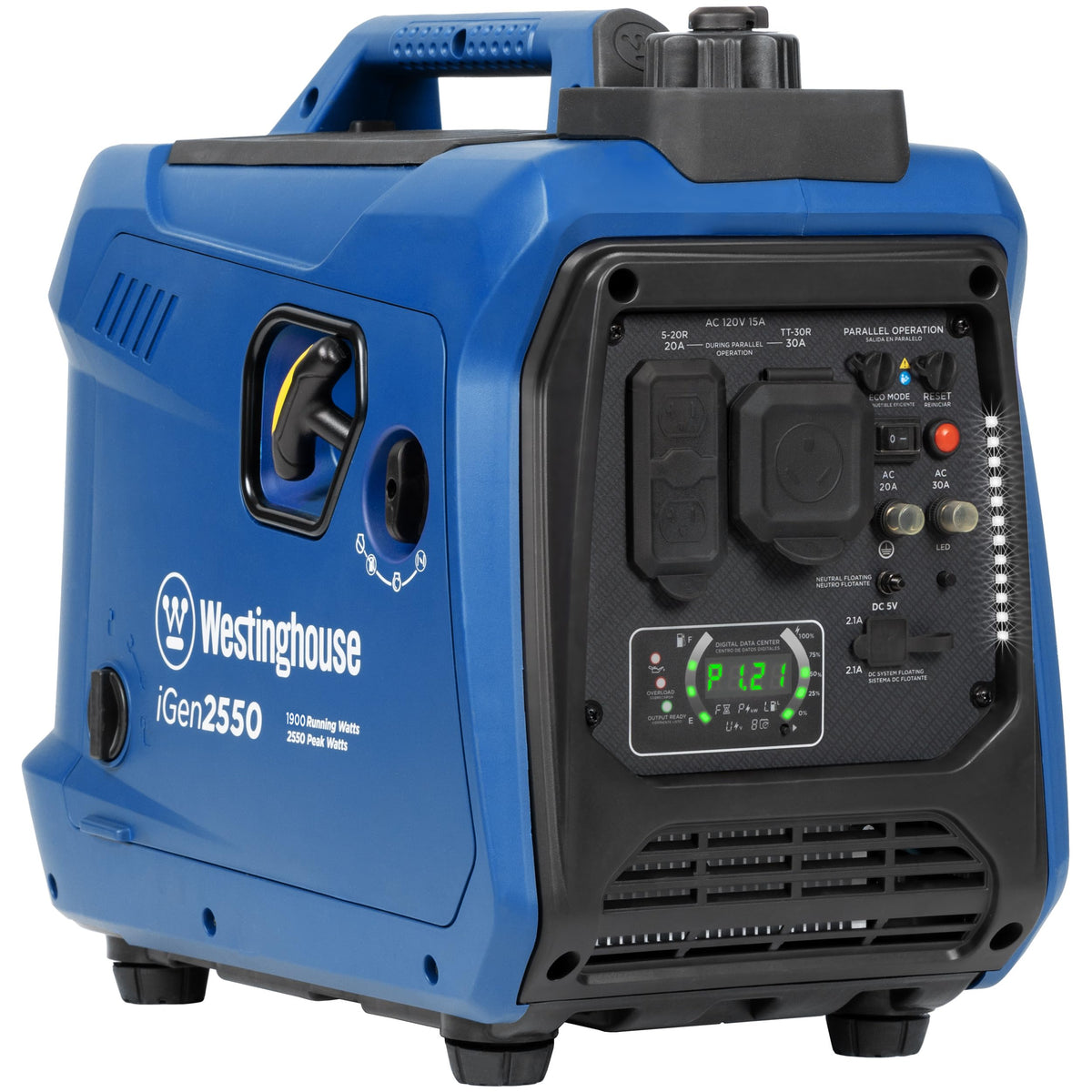 Westinghouse iGen2550 front view showing portable, easy-to-carry design.