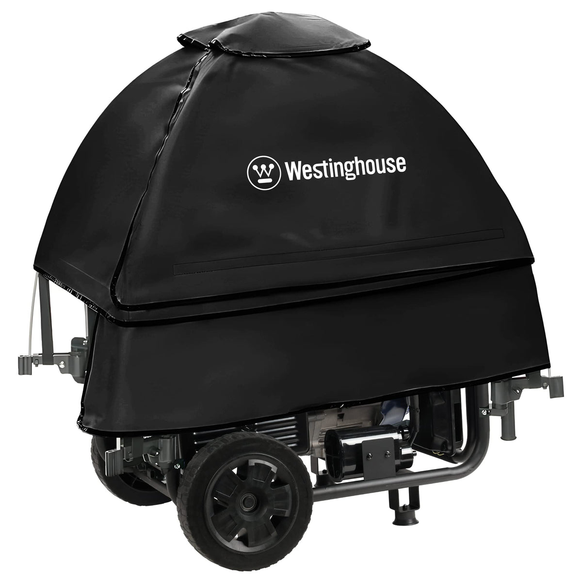 Westinghouse WGenTent over an open-frame generator during setup for weather protection.
