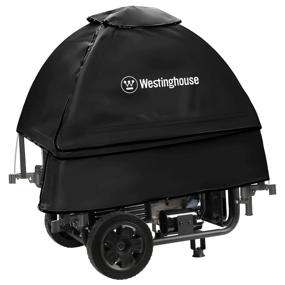 Westinghouse WGenTent over an open-frame generator during setup for weather protection.