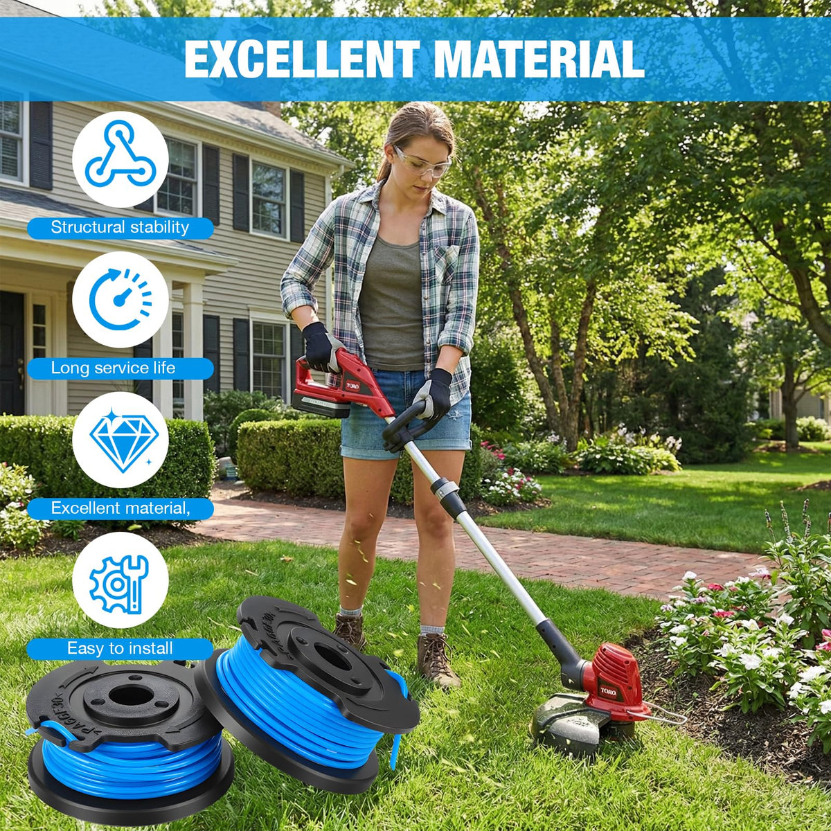 WETOOLPLUS 6-pack spool line ensures on-hand replacements for uninterrupted mowing.