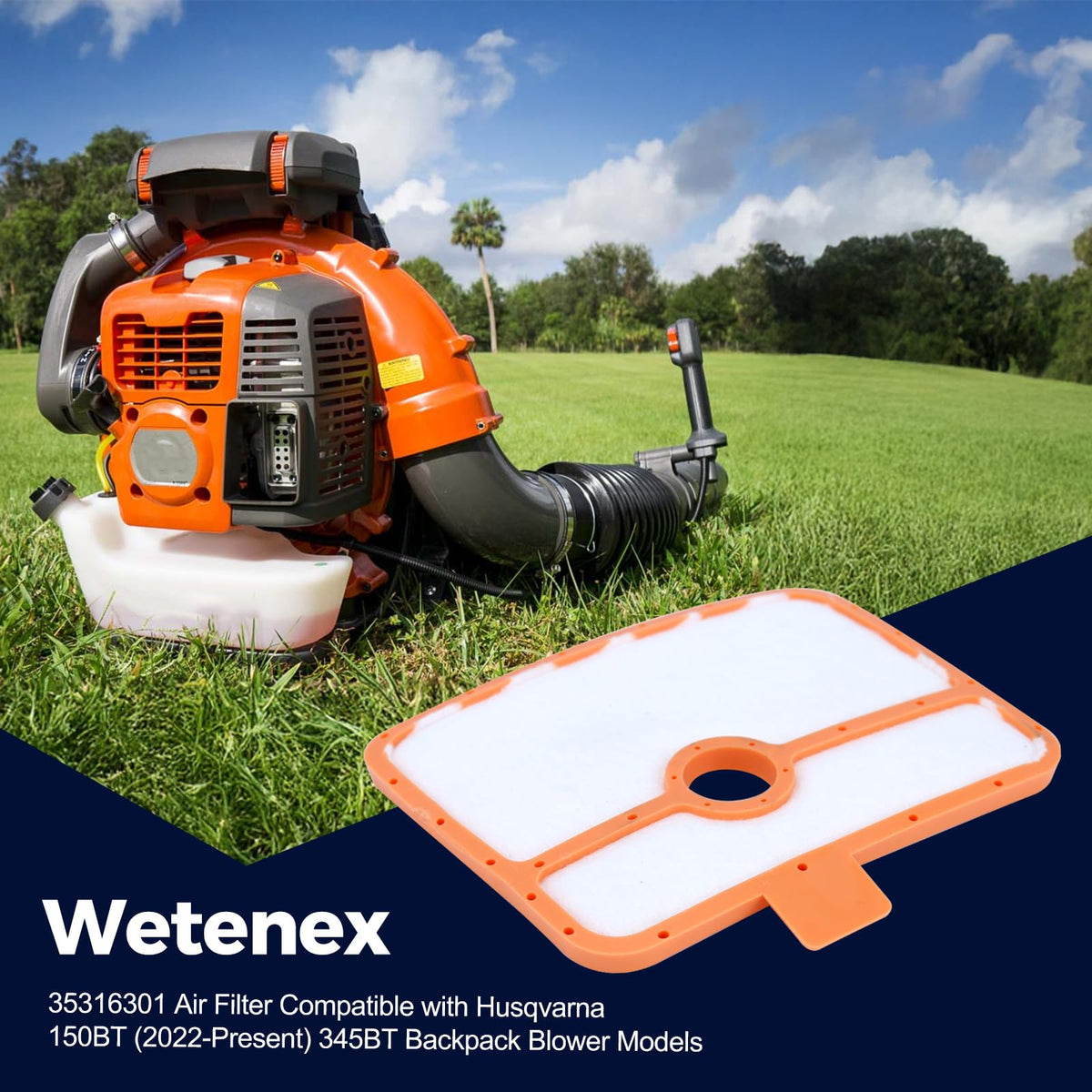 Wetenex air filter for Husqvarna 345BT backpack blower supports cleaner airflow.