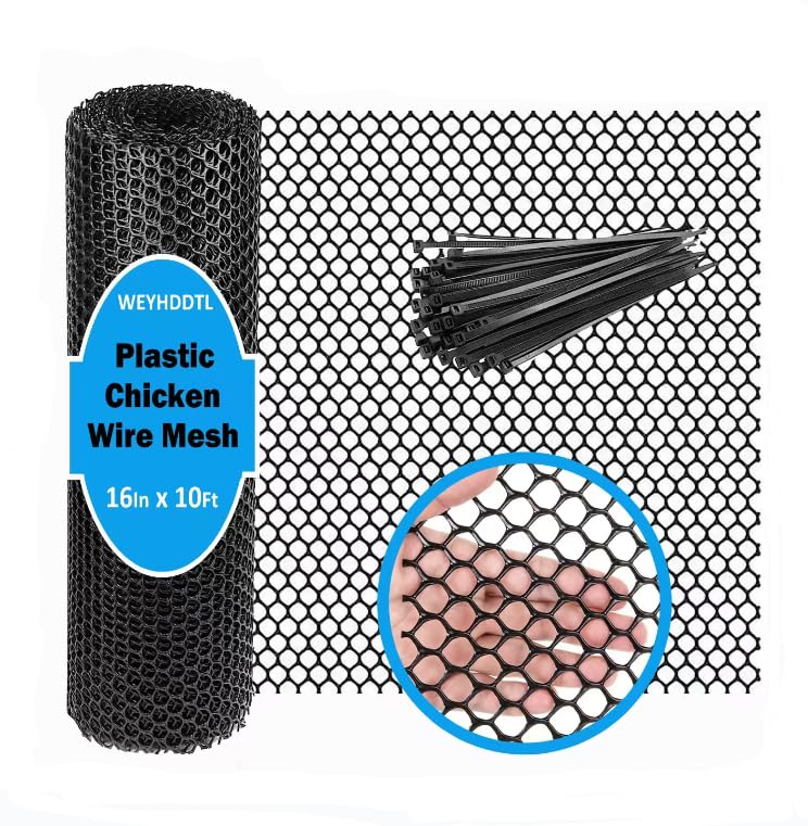 WEYHDDTL plastic chicken wire mesh 16x10 black protects gardens and poultry enclosures.