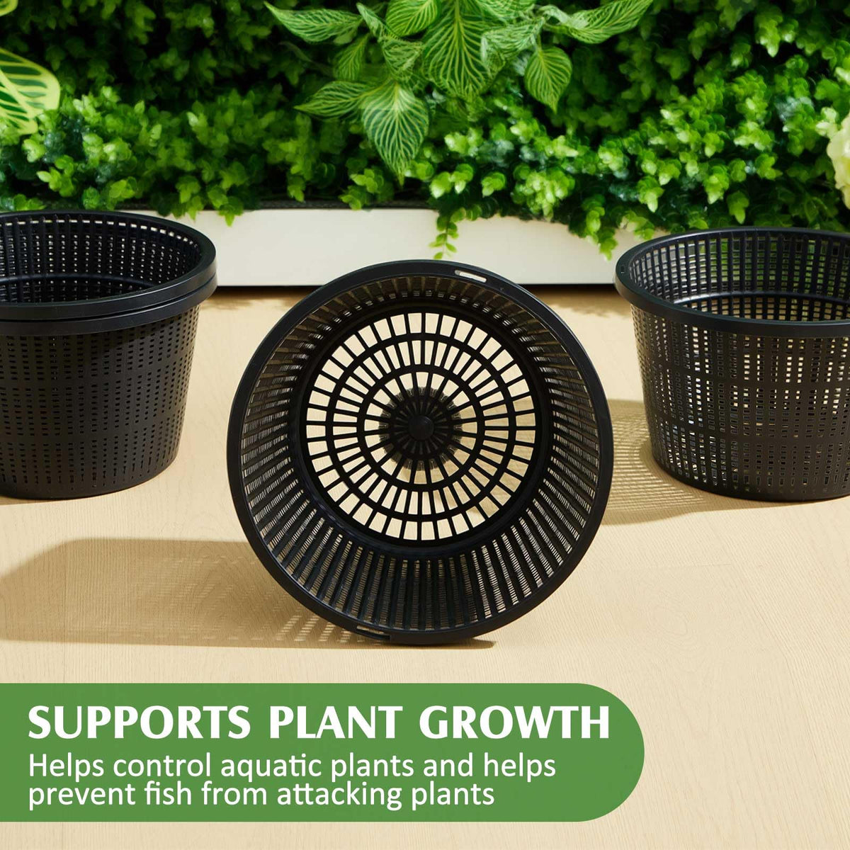 Weysat black plastic net pot close-up highlighting slits for root growth and aeration.