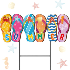 Weysat summer metal yard sign front view with vibrant flip-flop print for outdoor decor.