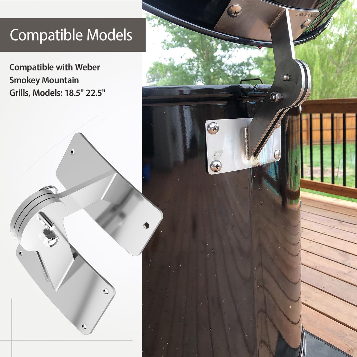 Lid hinge mounted on Weber Smokey Mountain 18.5 model shows integration