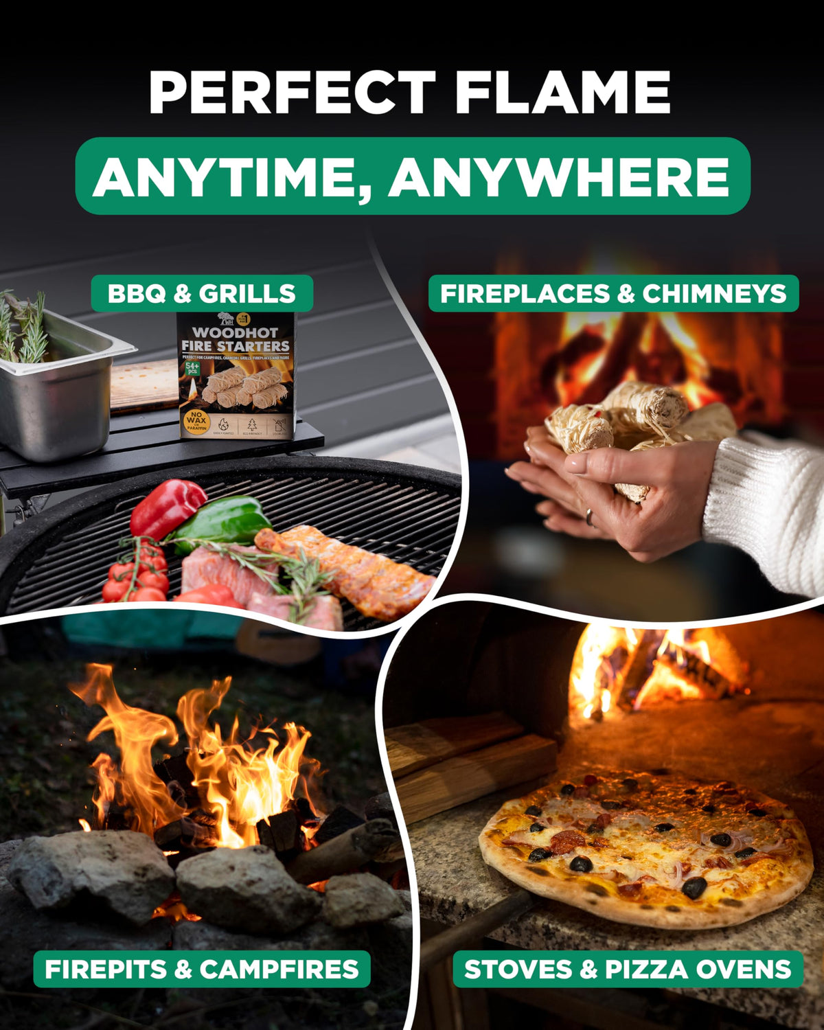 WH natural fire starters in campfire setting illustrate outdoor usability