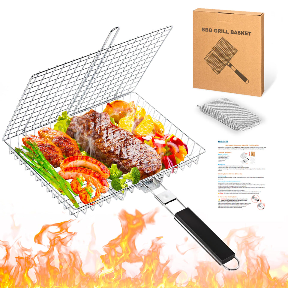 WHALERISE grill basket with large capacity for 3-4 servings, ideal for family barbecues.