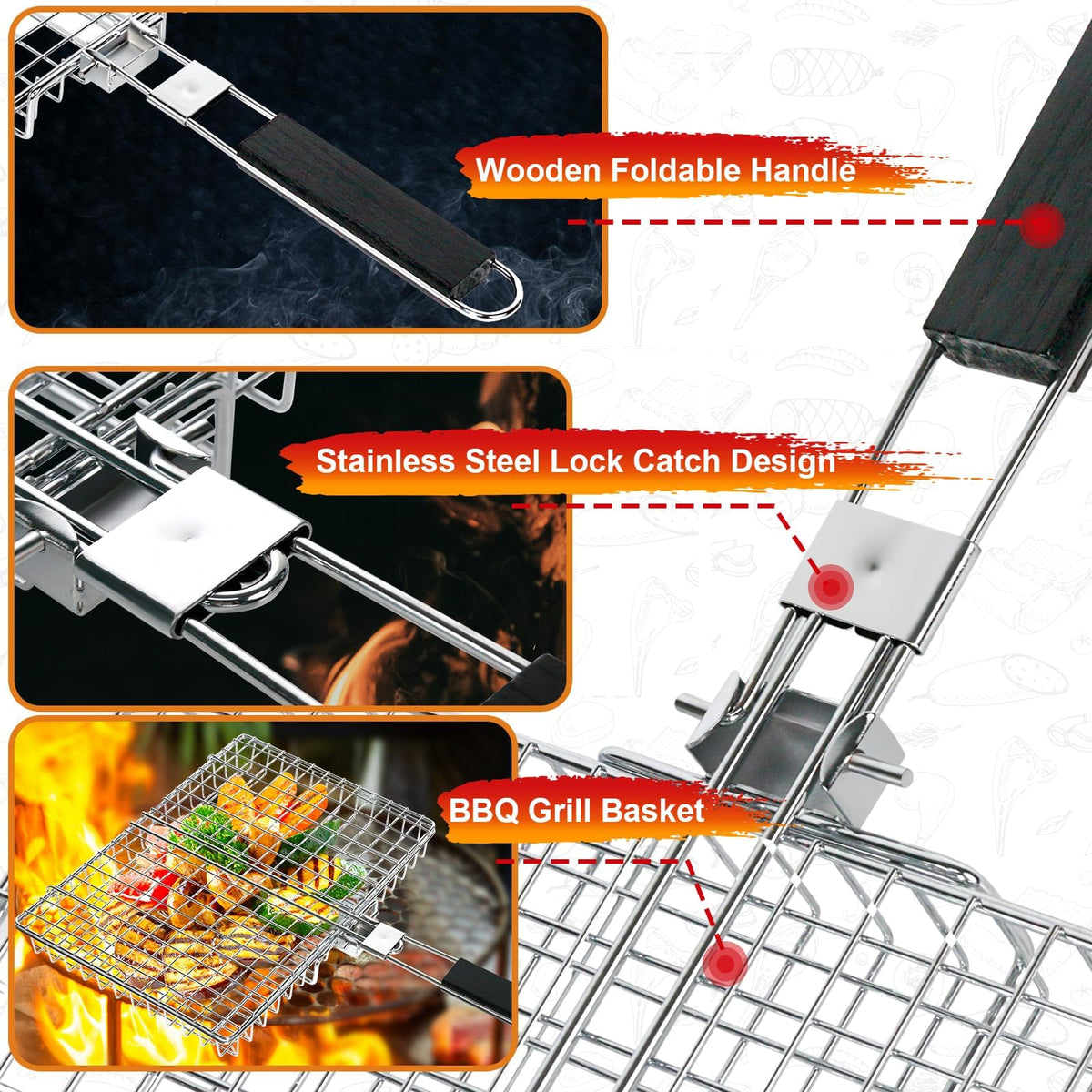WHALERISE grill basket with locking latch keeps food secure during cooking.