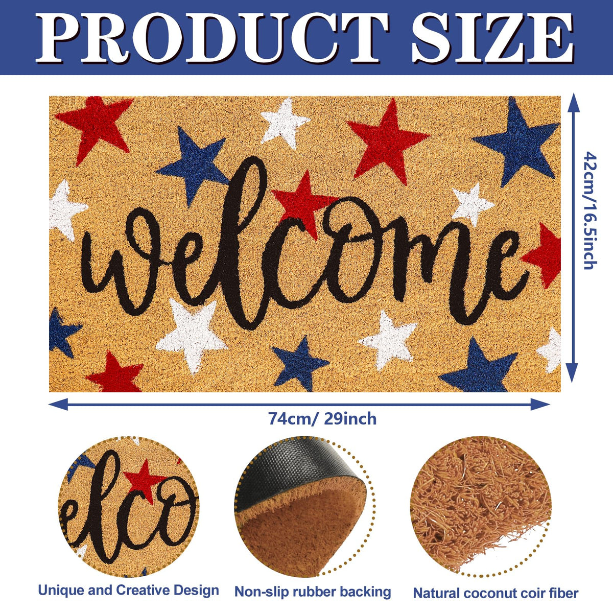 Whaline 4th of July coir doormat for indoor and outdoor use.