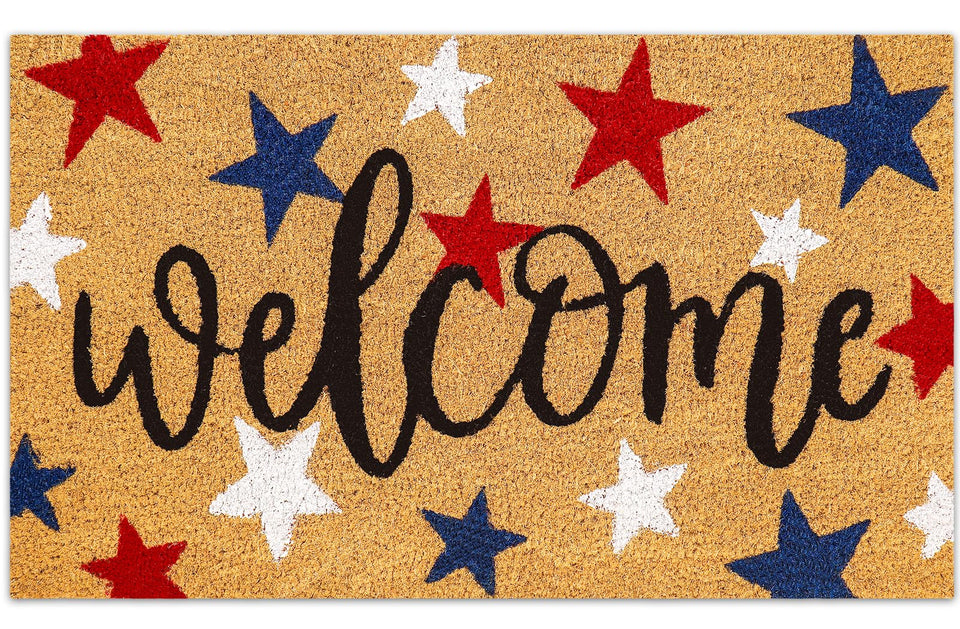 Whaline patriotic coir doormat with red blue white stars welcomes guests and scrapes dirt.