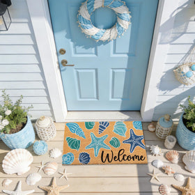 Whaline seashell doormat black Welcome letters add a friendly greeting.