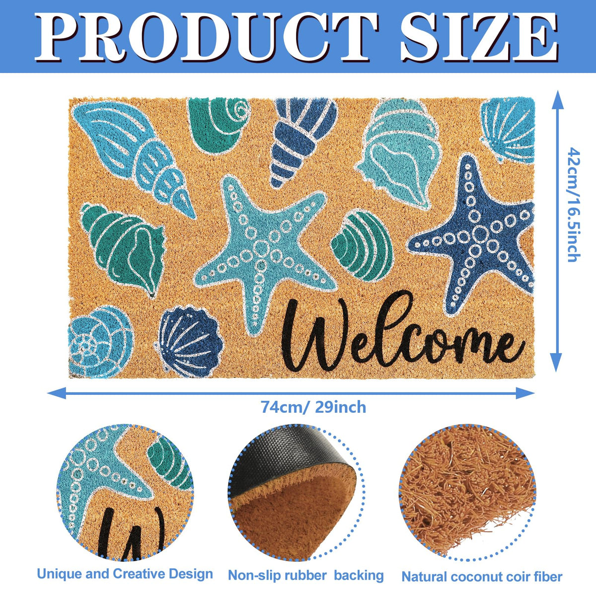Whaline seashell doormat blue pattern close-up shows starfish and conch details.