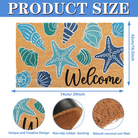 Whaline seashell doormat blue pattern close-up shows starfish and conch details.
