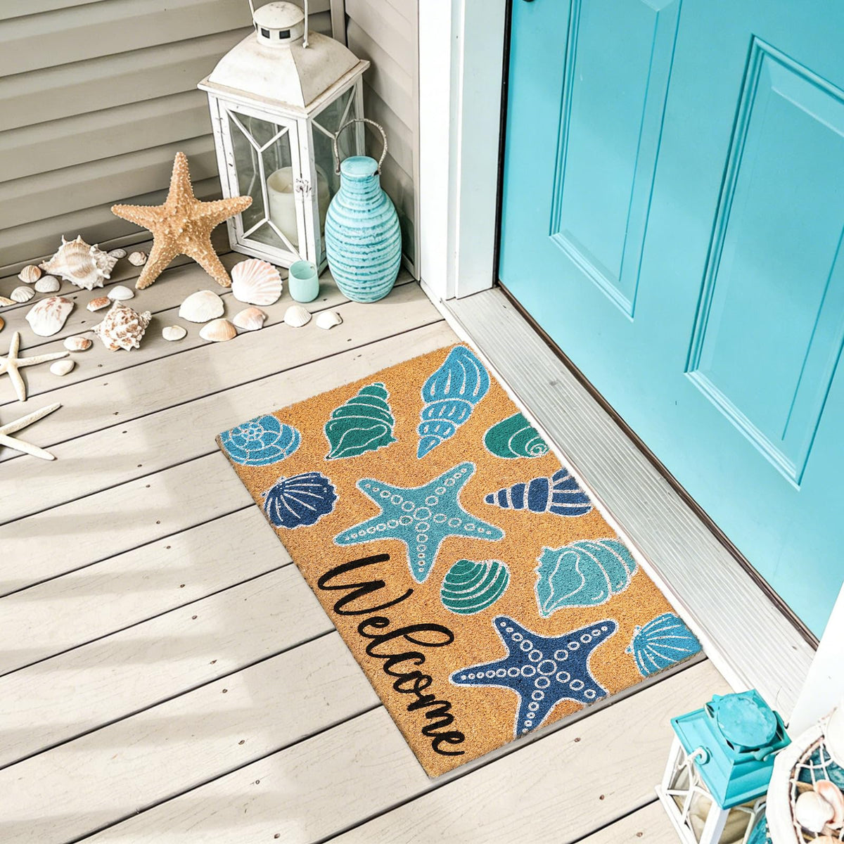 Whaline seashell doormat coir fibers trap dirt and dry moisture.