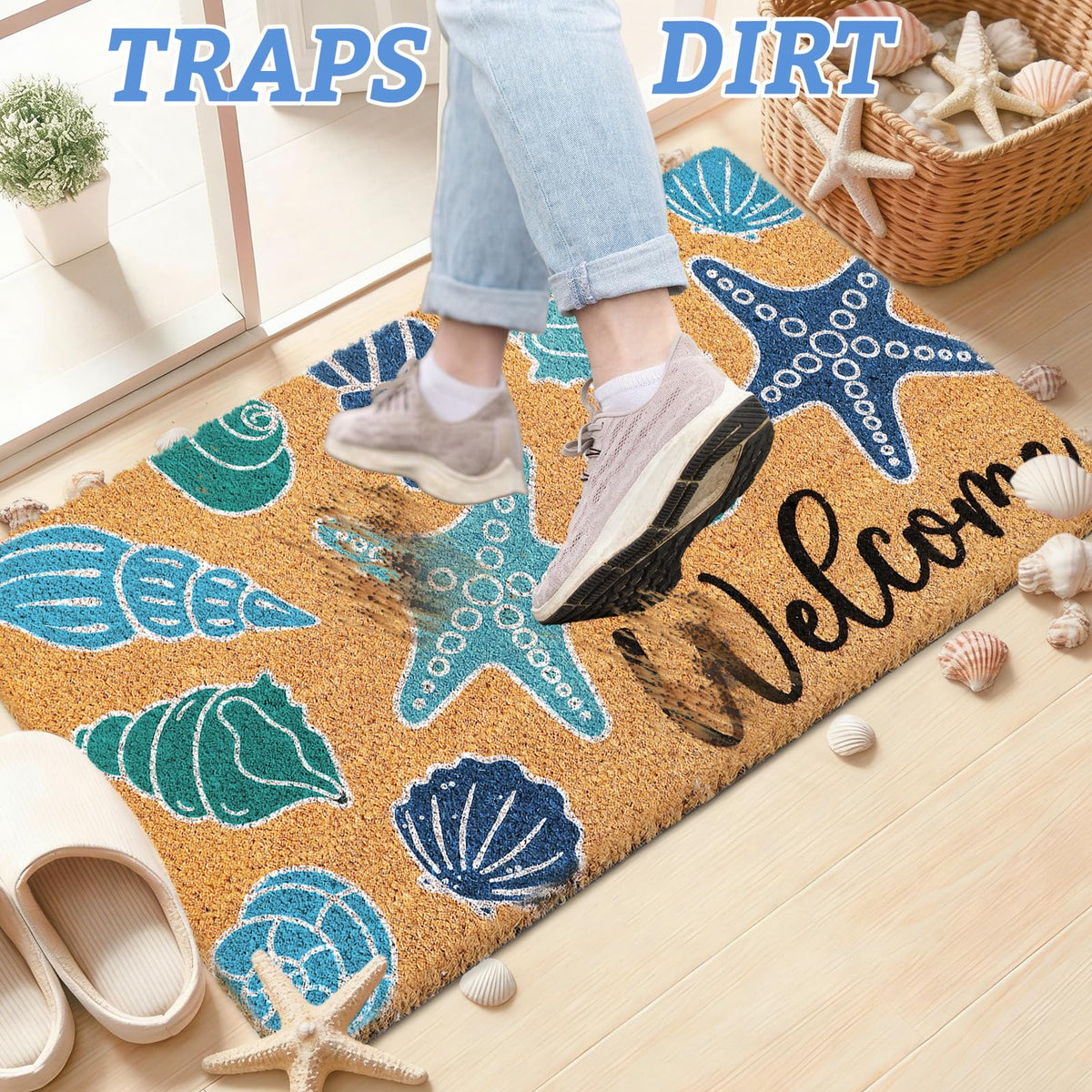 Whaline seashell doormat conch detail highlights natural coir texture.
