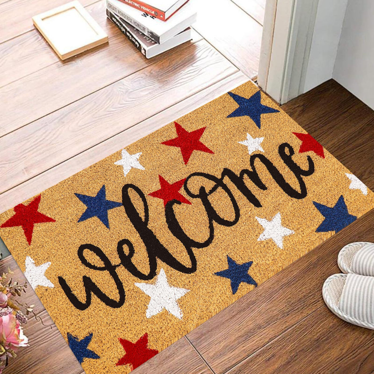Whaline red blue white stars mat enhances entryway appeal and visibility.