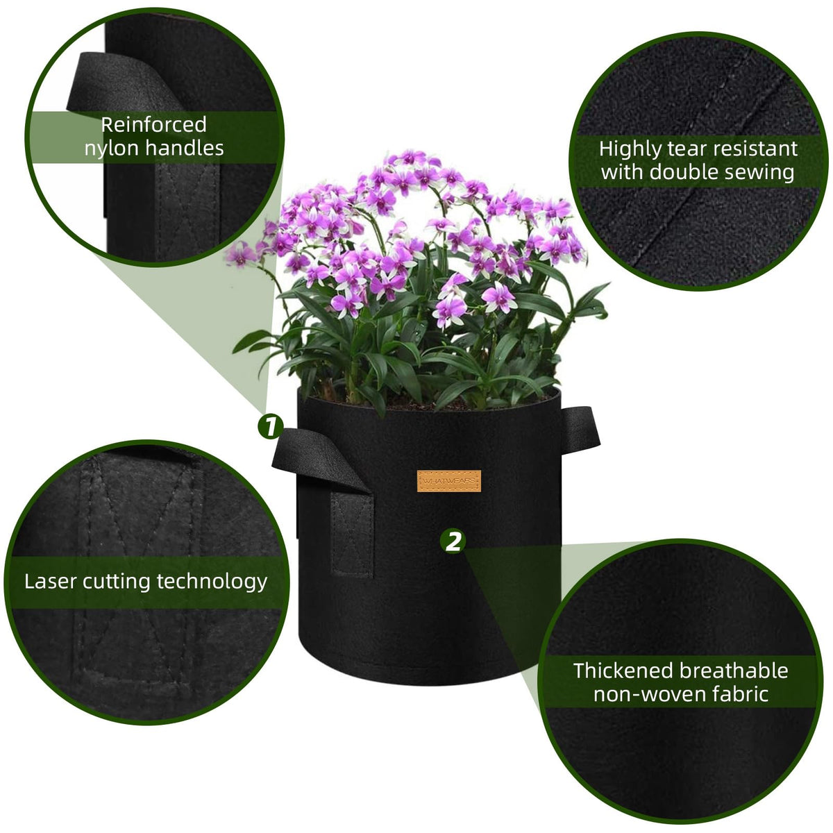 WHATWEARS grow bags with built-in handles for easy relocation
