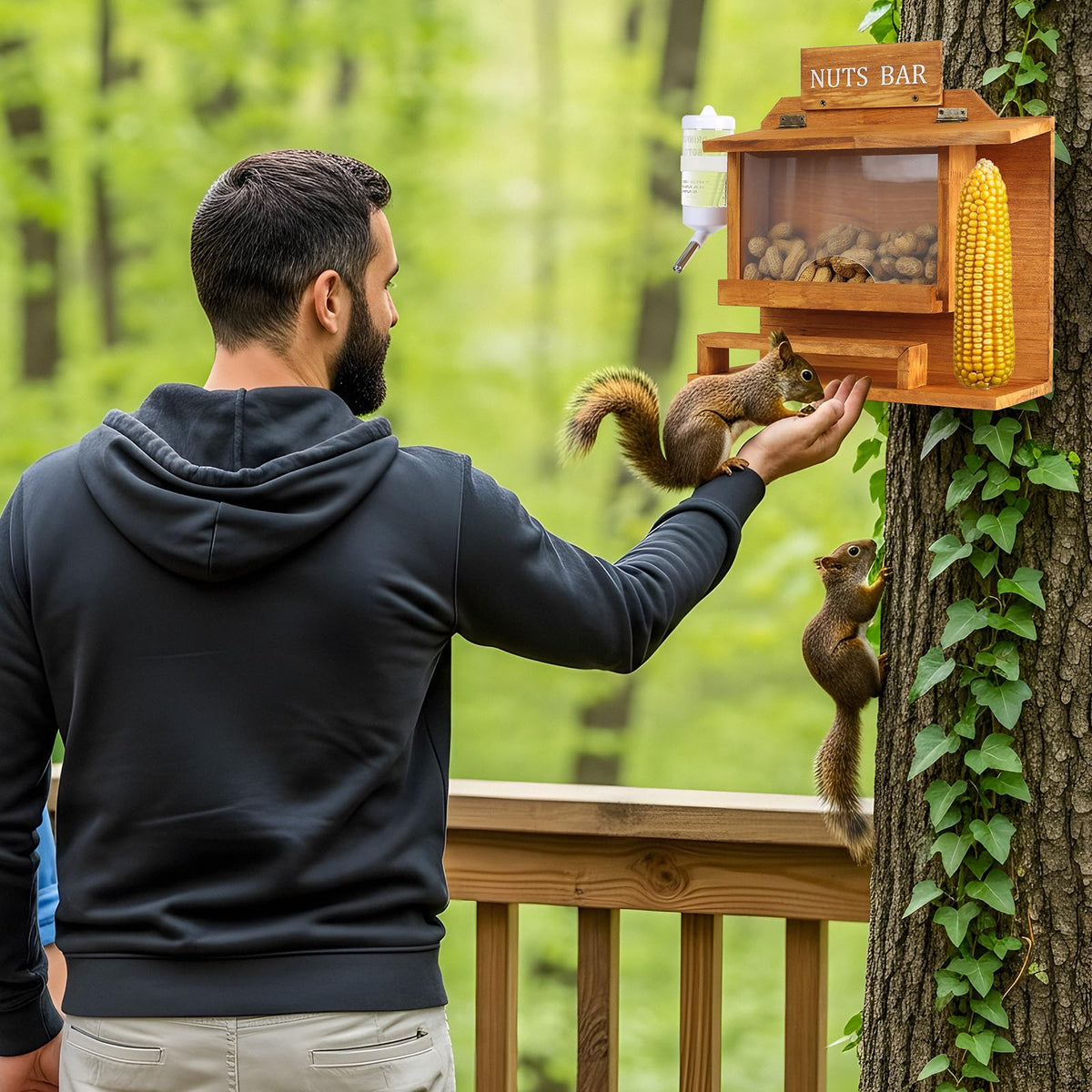 WHEARTED squirrel feeder with 80ml water bottle provides hydration during visits.