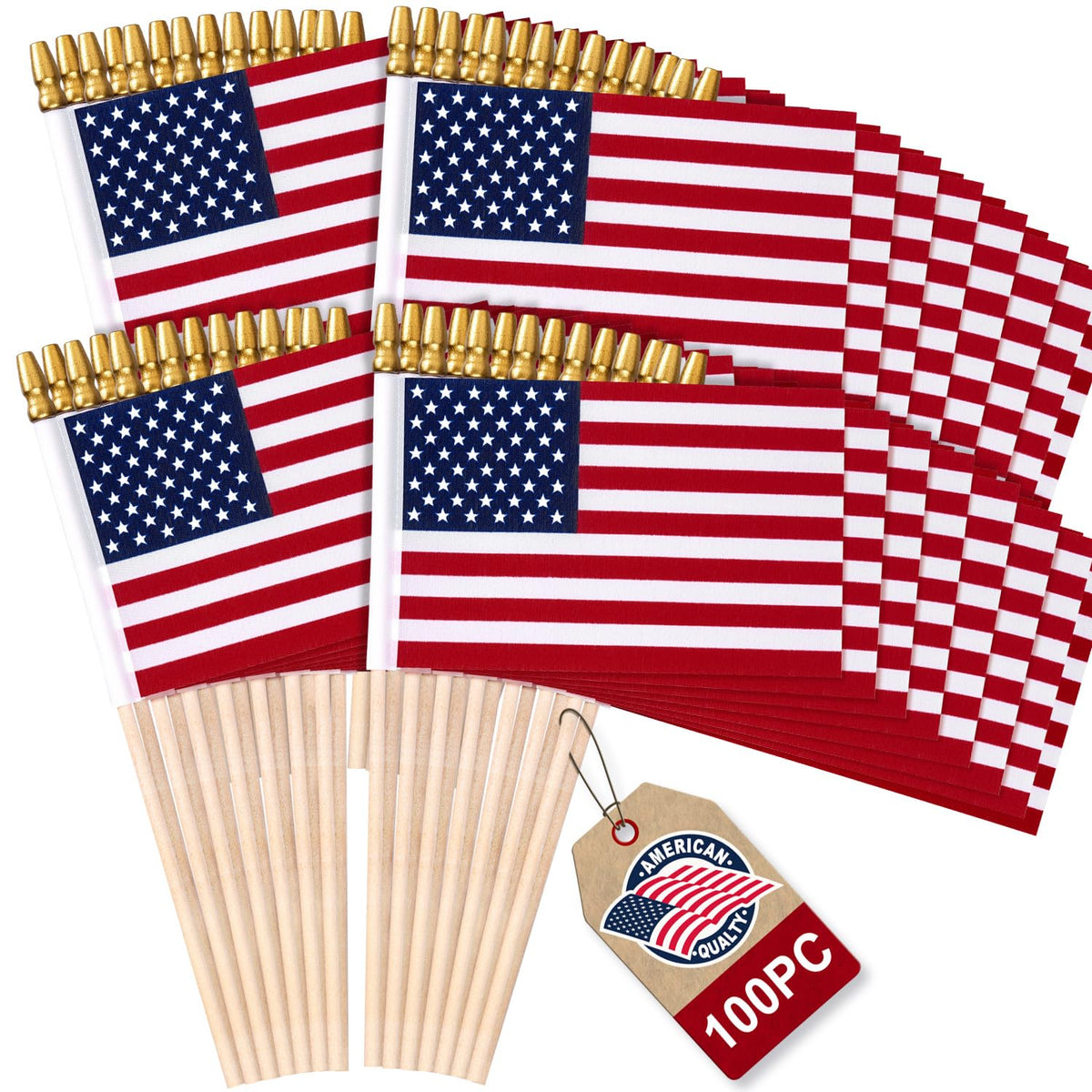 WHGJ 100-pack mini American flags on wooden sticks for outdoor displays