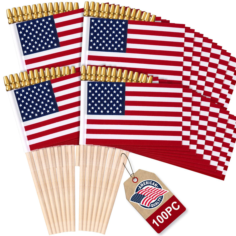 WHGJ 100-pack mini American flags on wooden sticks for outdoor displays