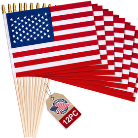 WHGJ 12-pack mini American flags on sticks for outdoor Fourth of July displays.