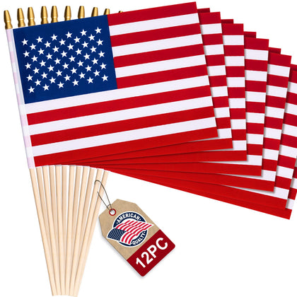 WHGJ 12-pack mini American flags on sticks for outdoor Fourth of July displays.