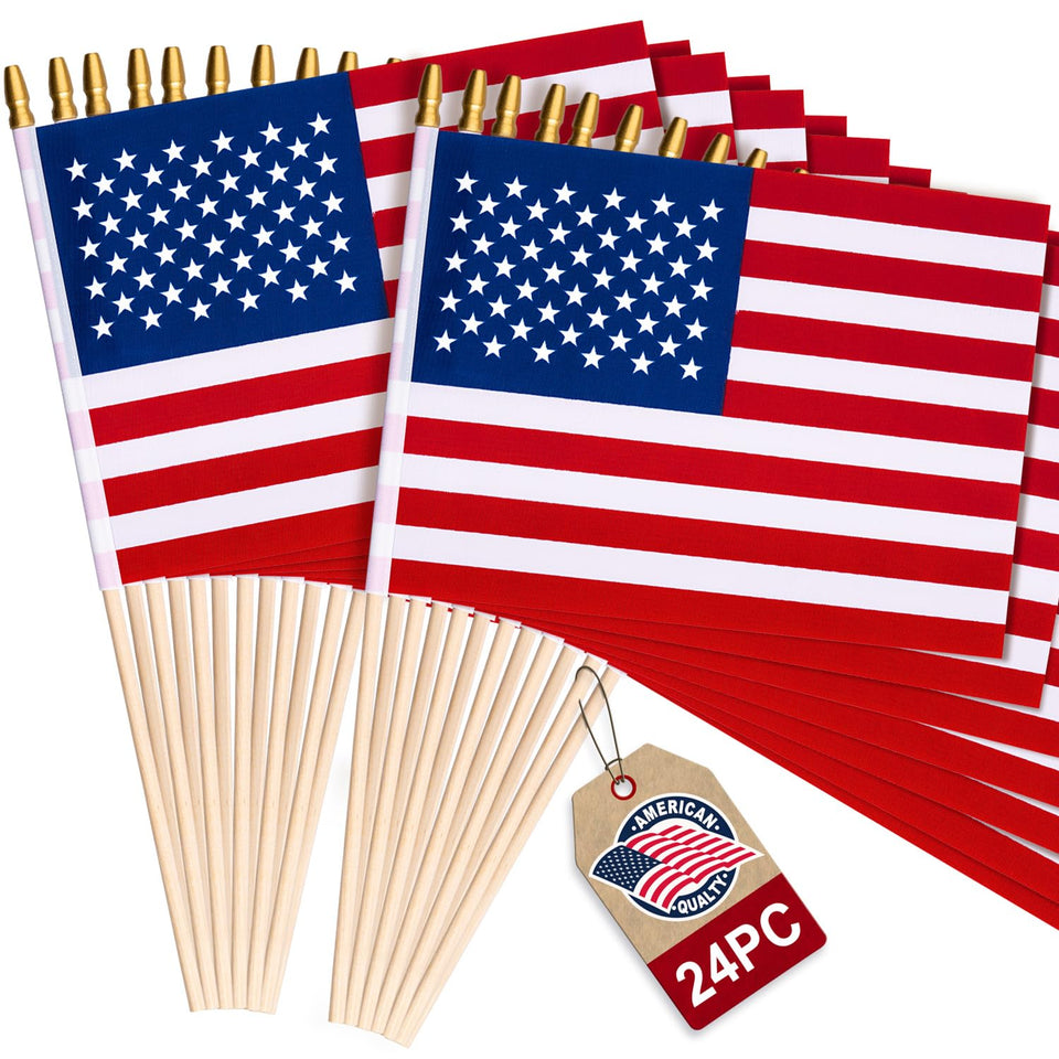 WHGJ 24-pack flags on wooden sticks ready for outdoor parades and displays.