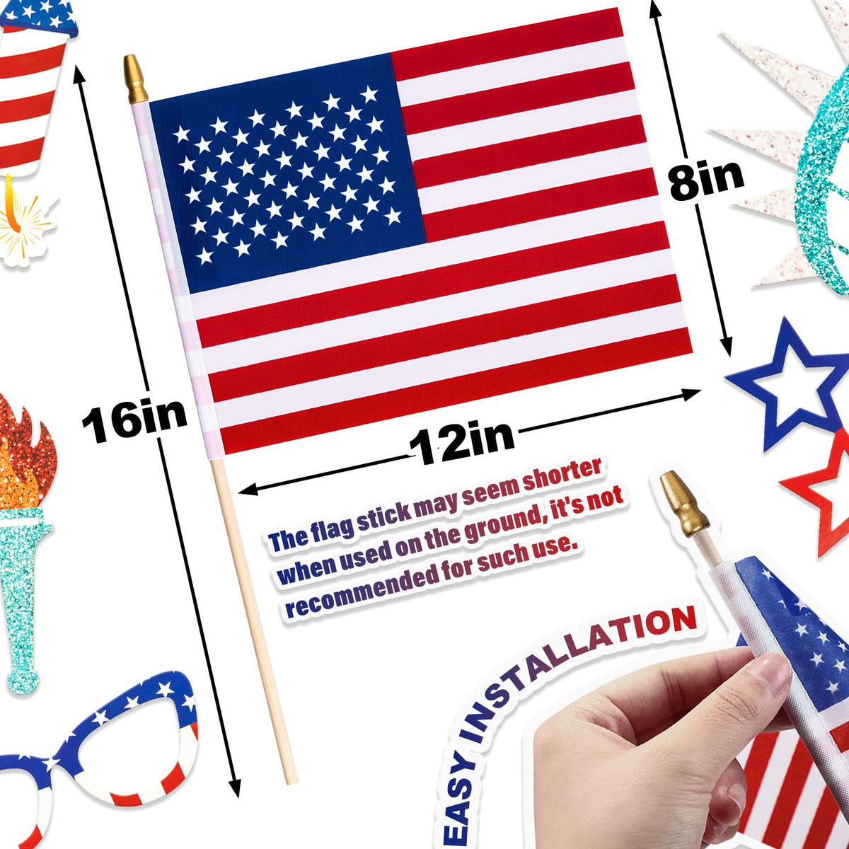 WHGJ spear-top flags on 16-inch sticks ideal for parades and garden decor.