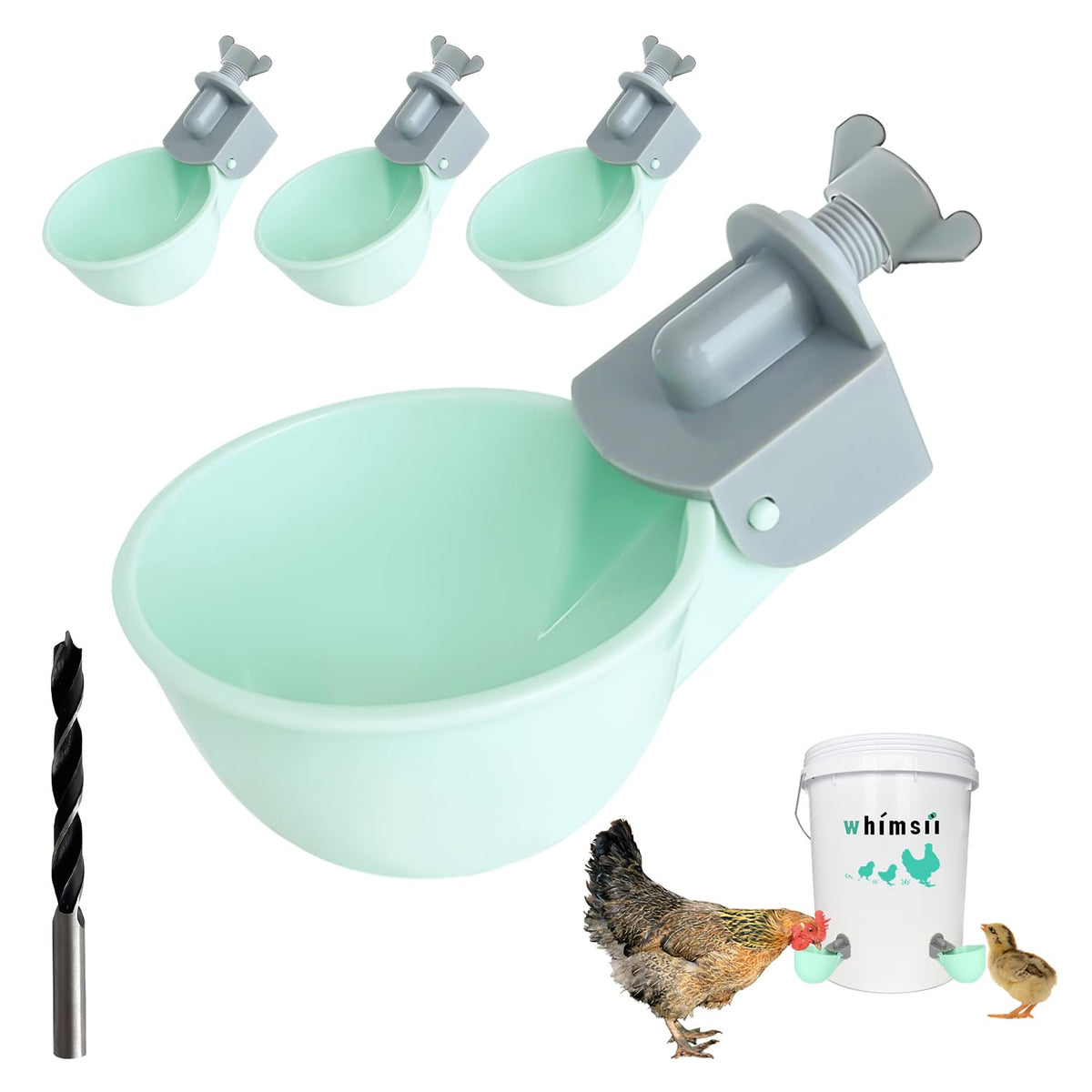 Whimsii chicken water cups balance water in a full bucket for spill-free hydration