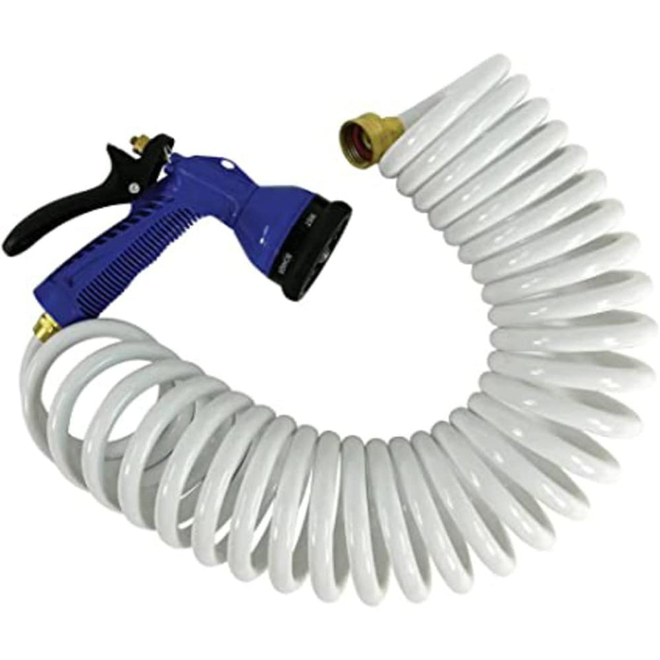 Whitecap coiled hose with nozzle for versatile marine rinsing and deck cleaning
