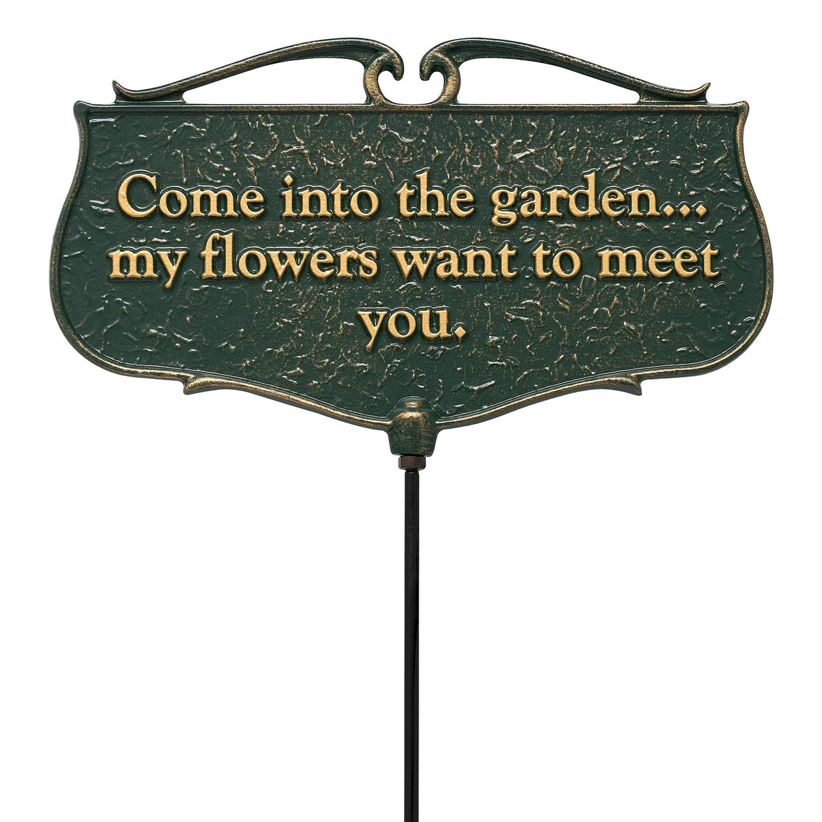 Whitehall Come Into My Garden sign in green, welcoming guests to your outdoor space.