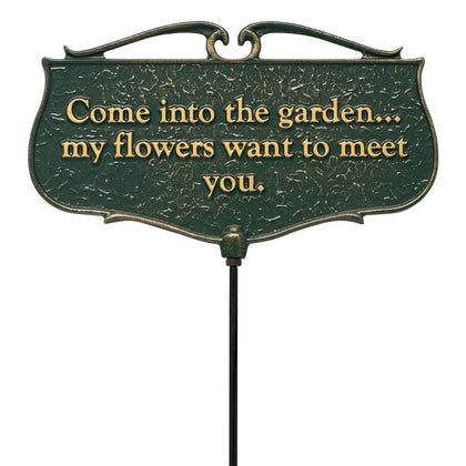 Whitehall Come Into My Garden sign in green, welcoming guests to your outdoor space.