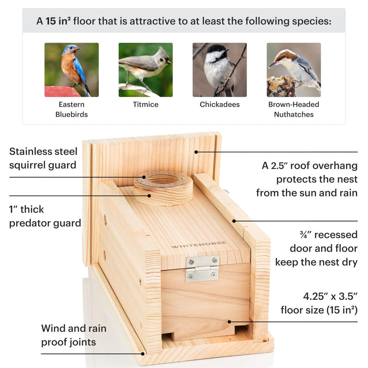 WHITEHORSE floor area of 15 square inches for nesting comfort