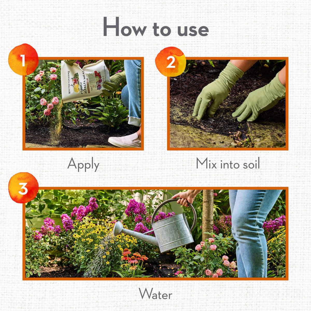 Whitney Farms alfalfa meal added to compost pile boosts nutrient-rich compost.
