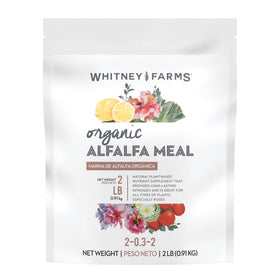 Whitney Farms alfalfa meal packaging shown, ready to enrich soil with natural nutrients.