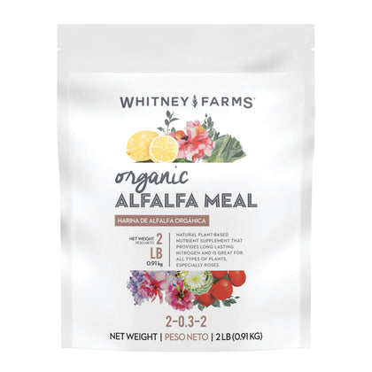 Whitney Farms alfalfa meal packaging shown, ready to enrich soil with natural nutrients.