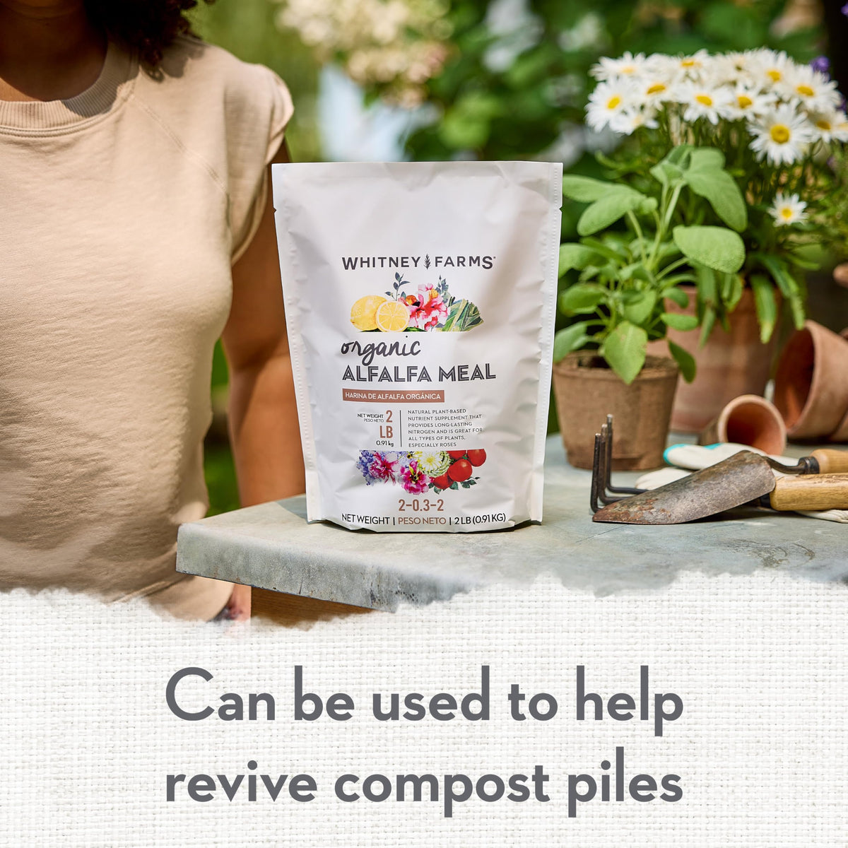 Whitney Farms alfalfa meal serves as a plant-based nutrient supplement for garden plants.