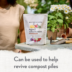 Whitney Farms alfalfa meal serves as a plant-based nutrient supplement for garden plants.