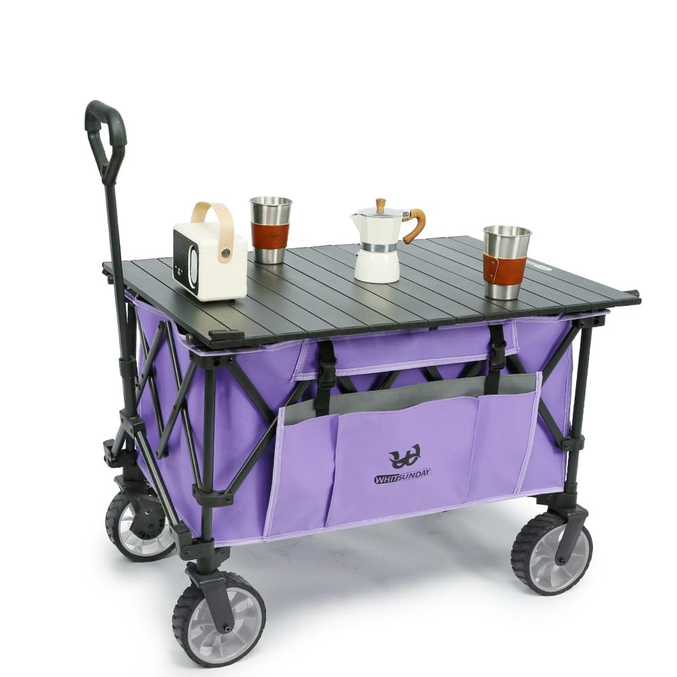 Whitsunday folding wagon table-plate provides a stable outdoor workspace for meals