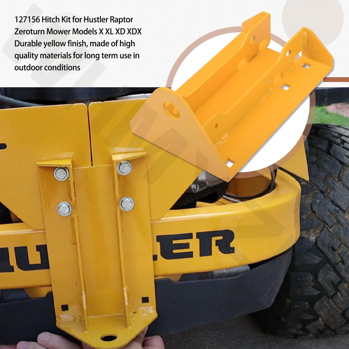 WHMYZHL Hitch Kit 127156 mounted on Raptor mower shows strong towing compatibility.