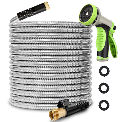 WHOBUY 75ft stainless steel garden hose coiled for easy storage