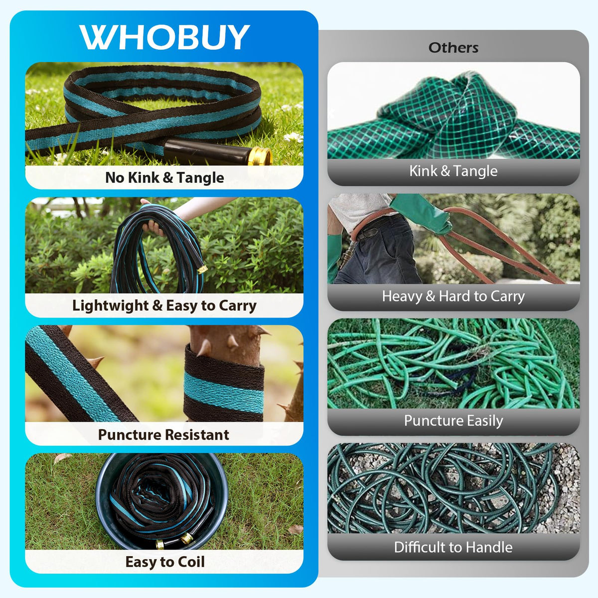 WHOBUY kink resistant hose ensures steady water flow for cleaning patios.