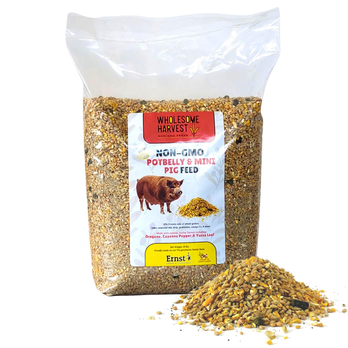 Wholesome Harvest all-grain non-GMO pig feed bag 10lb for balanced nutrition.