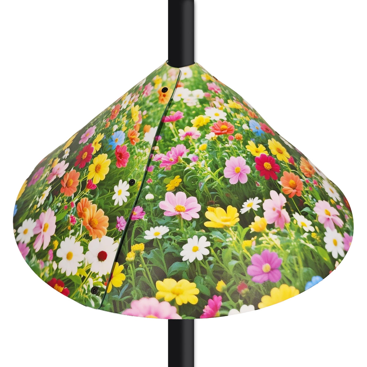 WHWHW Floral Pattern Squirrel Baffle installed on feeder to protect birds.