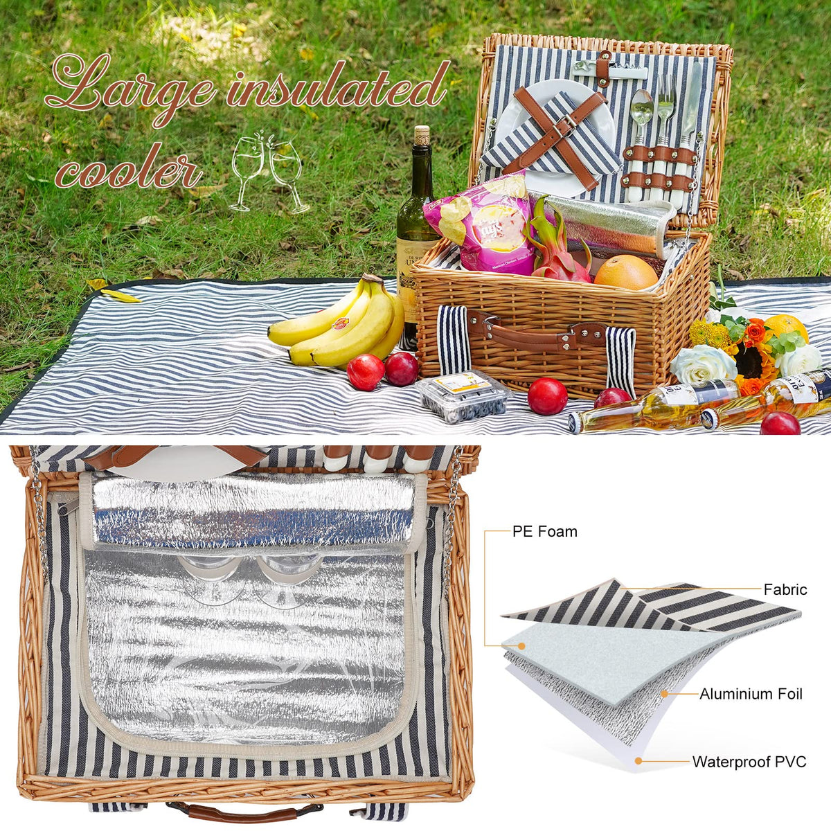 Wickeland insulated cooler keeps food and drinks cool on picnics.
