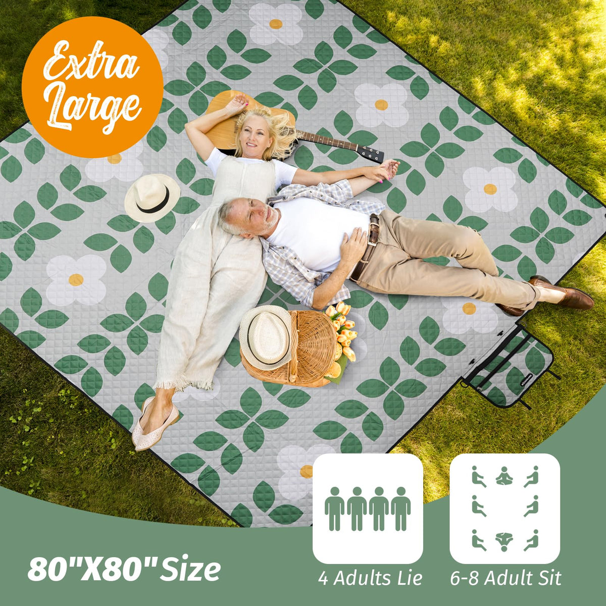 WICKERLAND picnic blanket features shoulder strap for easy carrying.